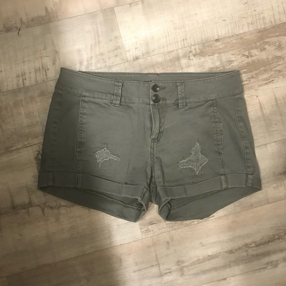 Express distressed army green shorts
